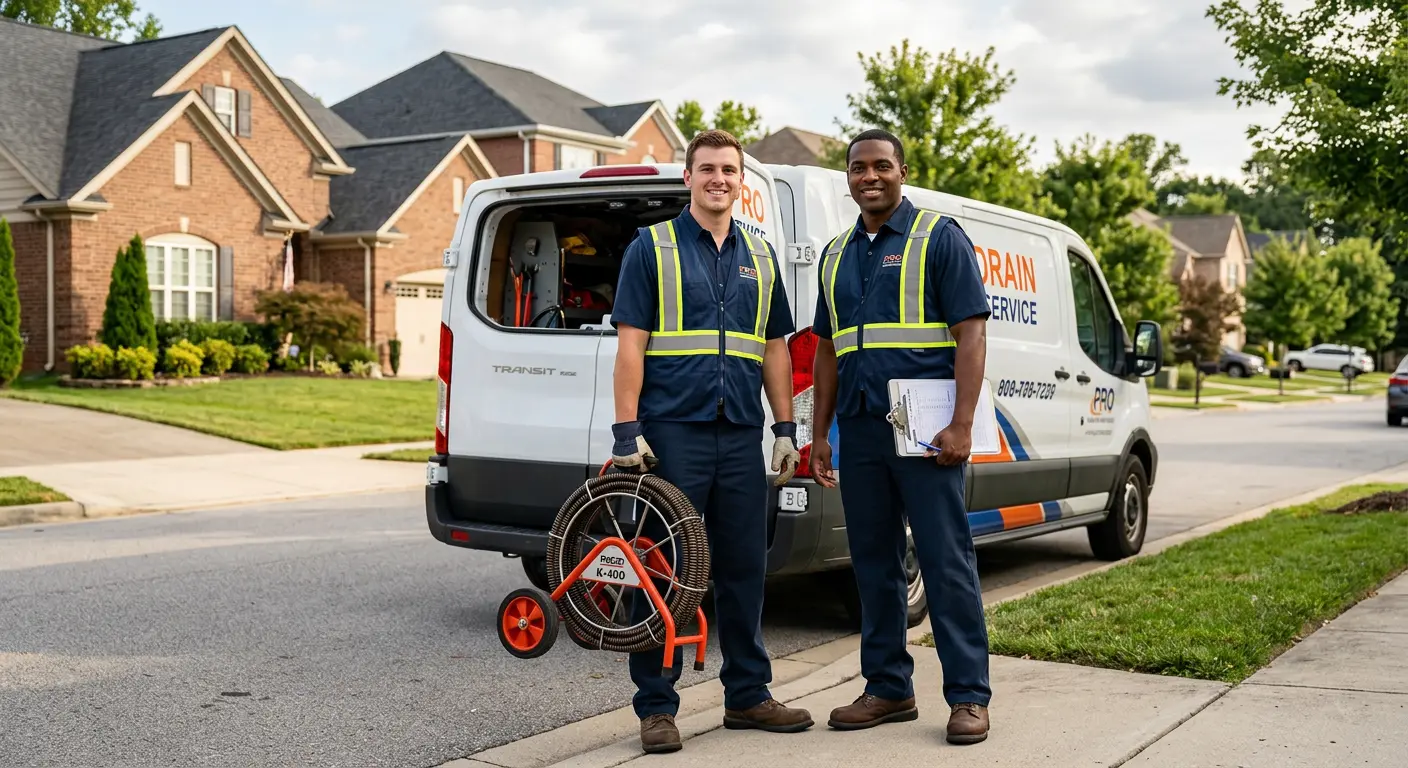 Sewer and drain service team with equipment ready for work in Eudora