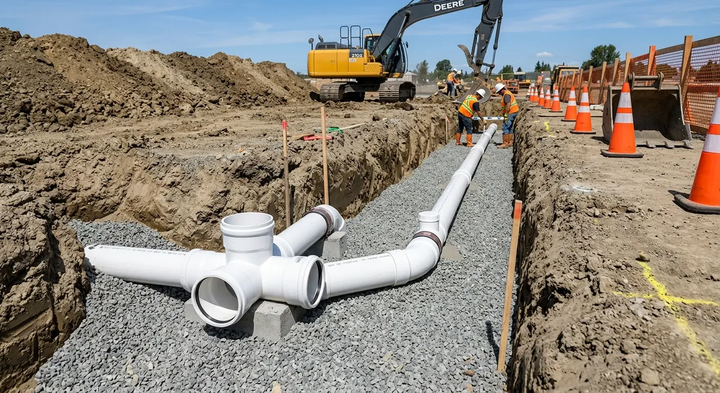New PVC sewer pipe installation in open trench for Grease Trap Cleaning in Eudora