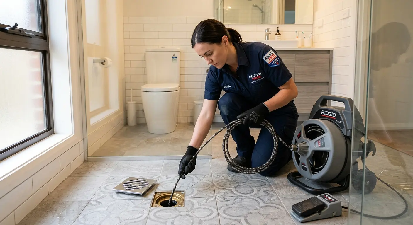 Technician clearing a bathroom floor drain for Sewer Line Replacement in Eudora
